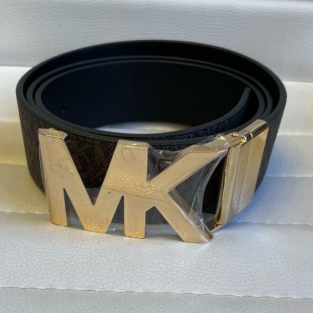 Michael Kors MK Reversible Belt Brown Logo Black Gold Monogram Buckle NEW